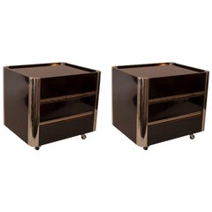 Pair of French Black Lacquer and Chrome Night Stands