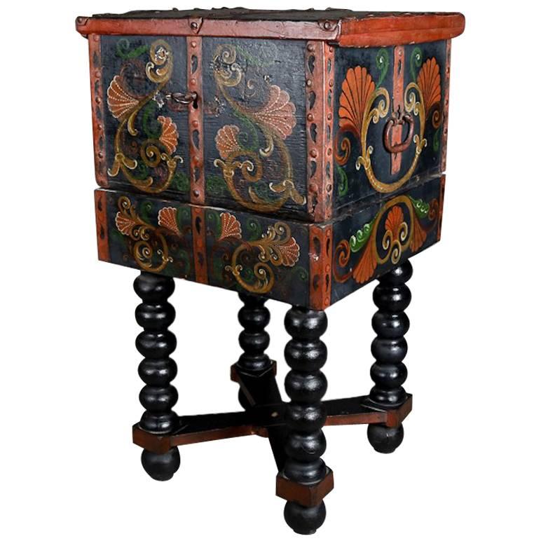 Antique Hand-Painted Ebonized Spanish Baroque Chest on Stand, 19th Century