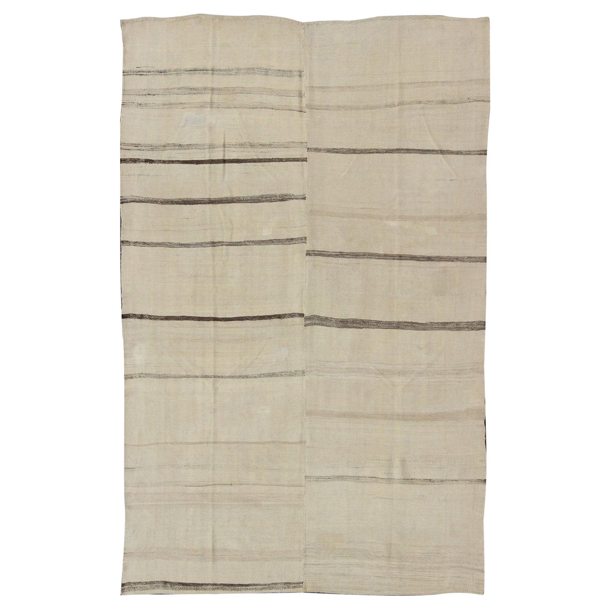 Minimalist Cream Colored Vintage Turkish Kilim Rug of Two Joined Panels For Sale