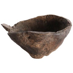 Early Antique Hand Carved Folk Art Handled Burl Bowl, 19th Century