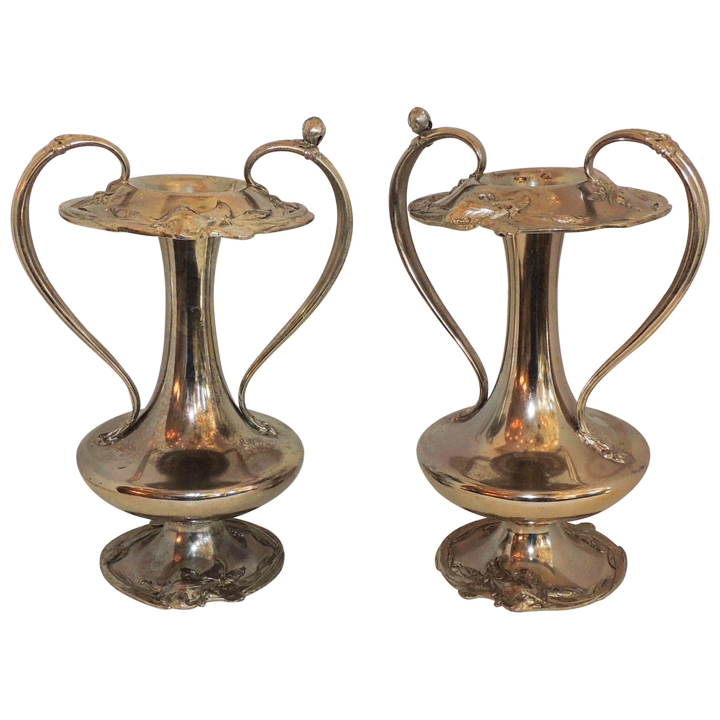 Large Pair of Reed & Barton Art Nouveau Silver Plate Urn Handle Vases WMF Urns For Sale