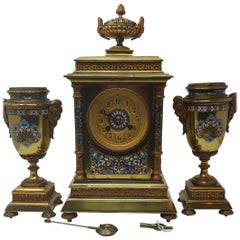 19th Century Champleve Enamel Clock Set