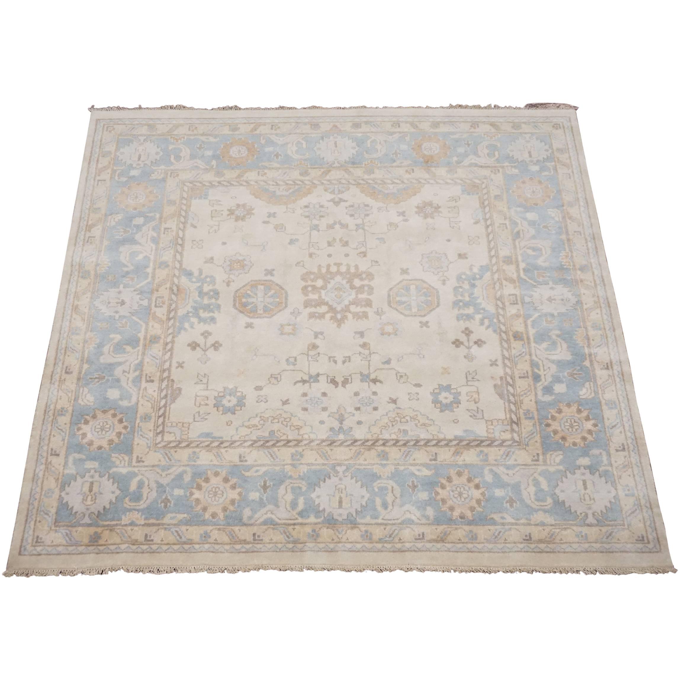Ivory and Light-Blue Square Oushak Rug For Sale