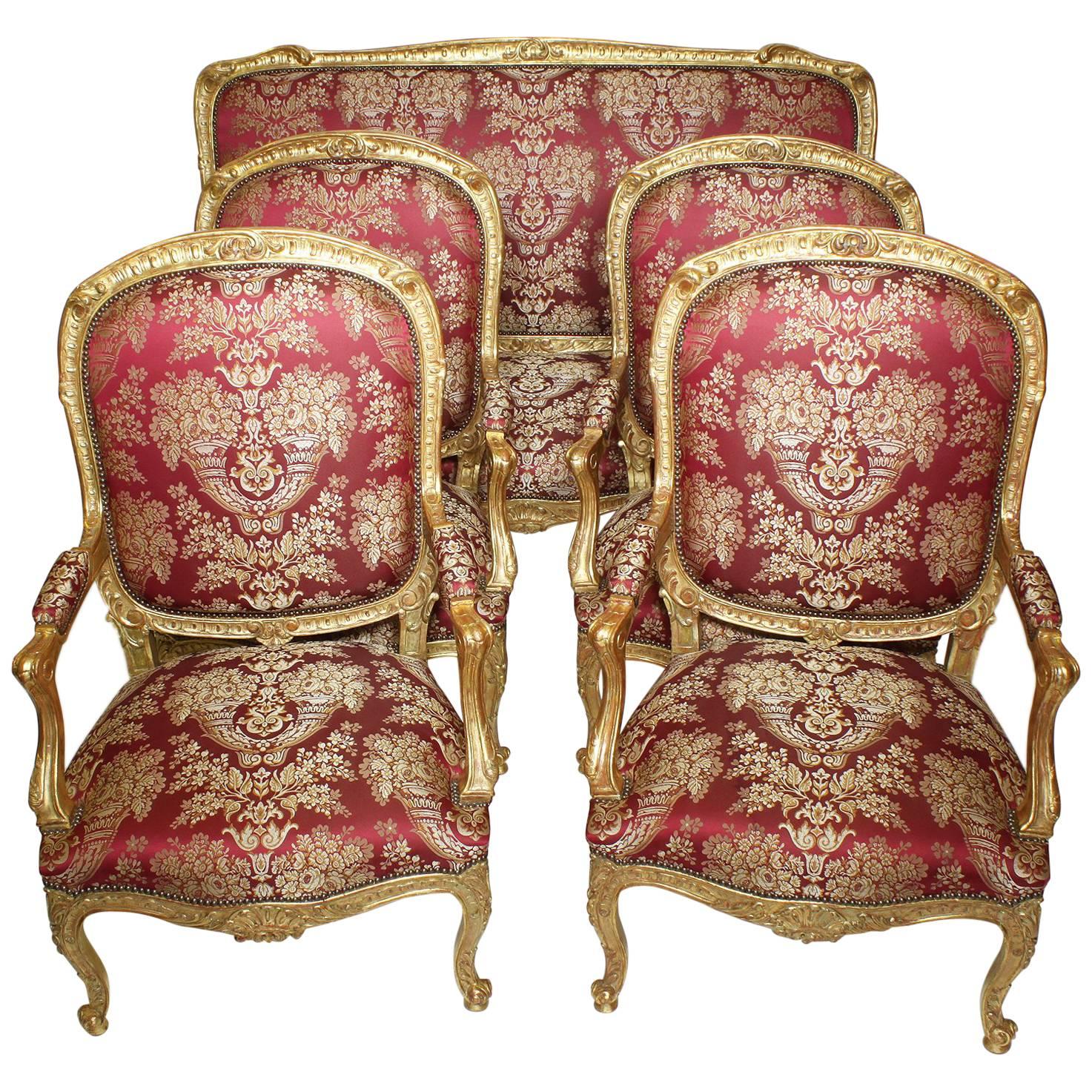 Palatial 19th Century Louis XV Style Giltwood Carved Five-Piece Salon Suite For Sale