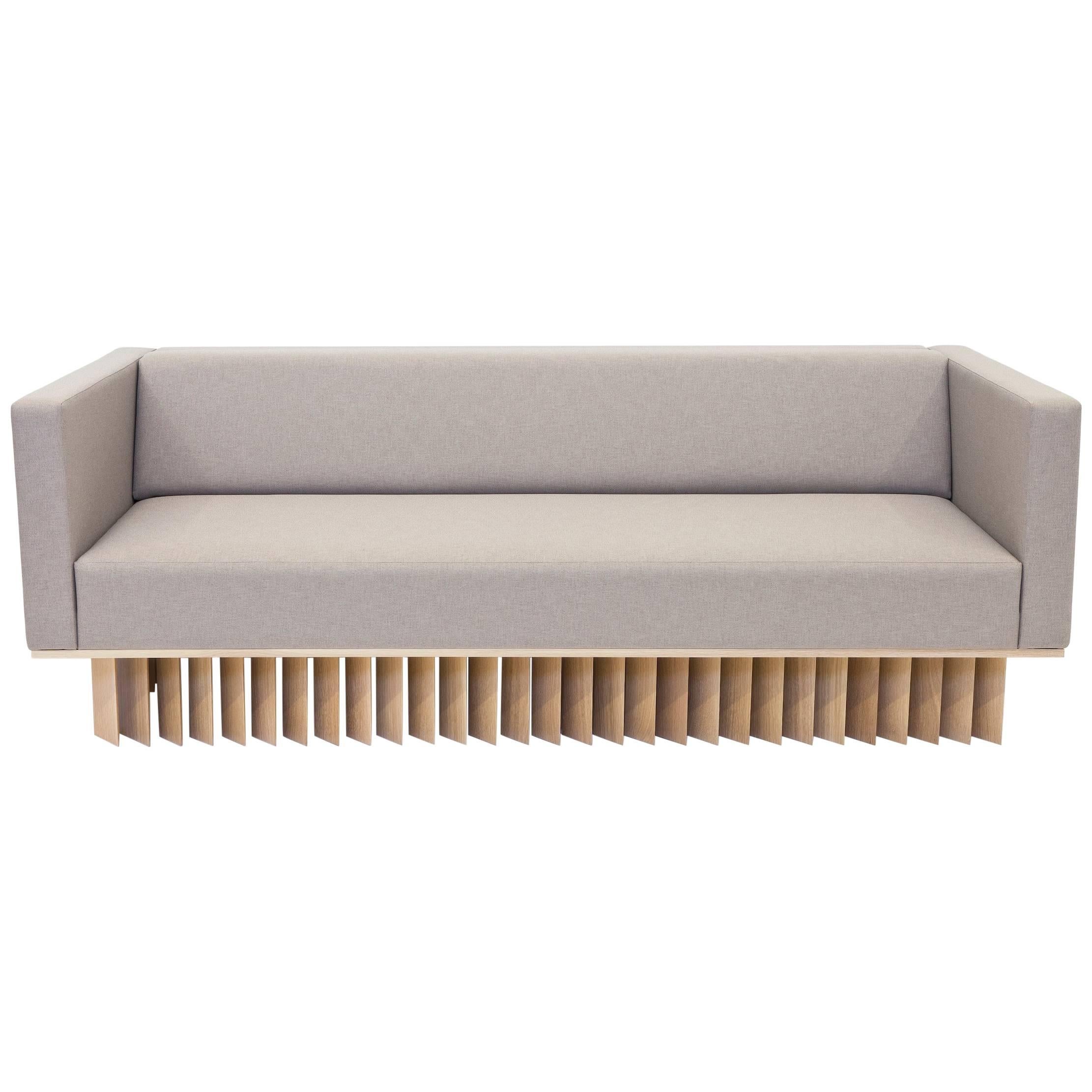 Angled Wood Bar Sofa in Oak and Maharam Upholstery  For Sale