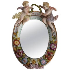 Antique German Hand-Painted Meissen School Figural Porcelain Vanity Mirror