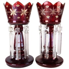 Pair of Antique Gilt and Cut Cranberry Glass Mantel Lustres with Prisms