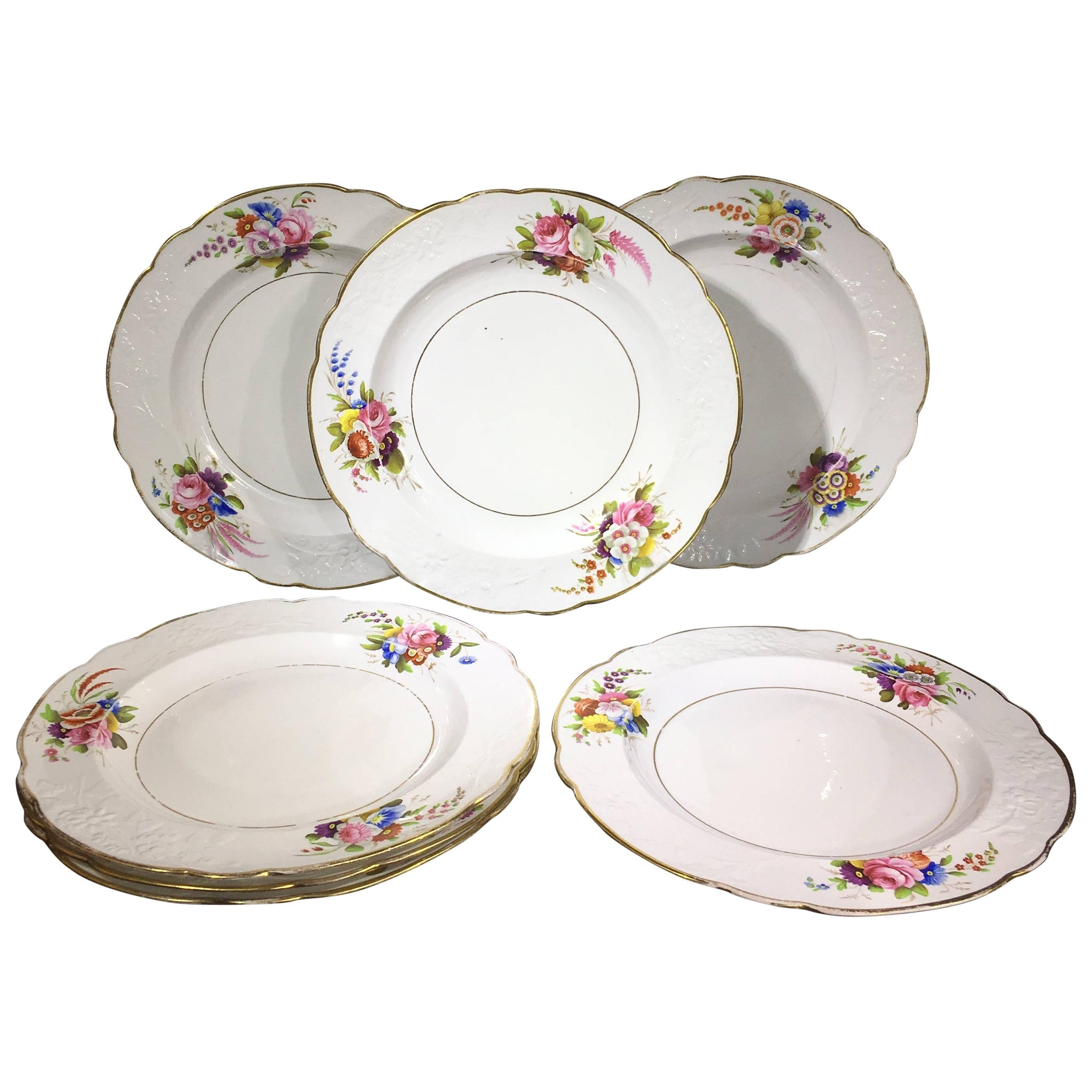 Set of Seven Spode  Dinner Plates, Flower Moulded Border, Daniel Decorated For Sale