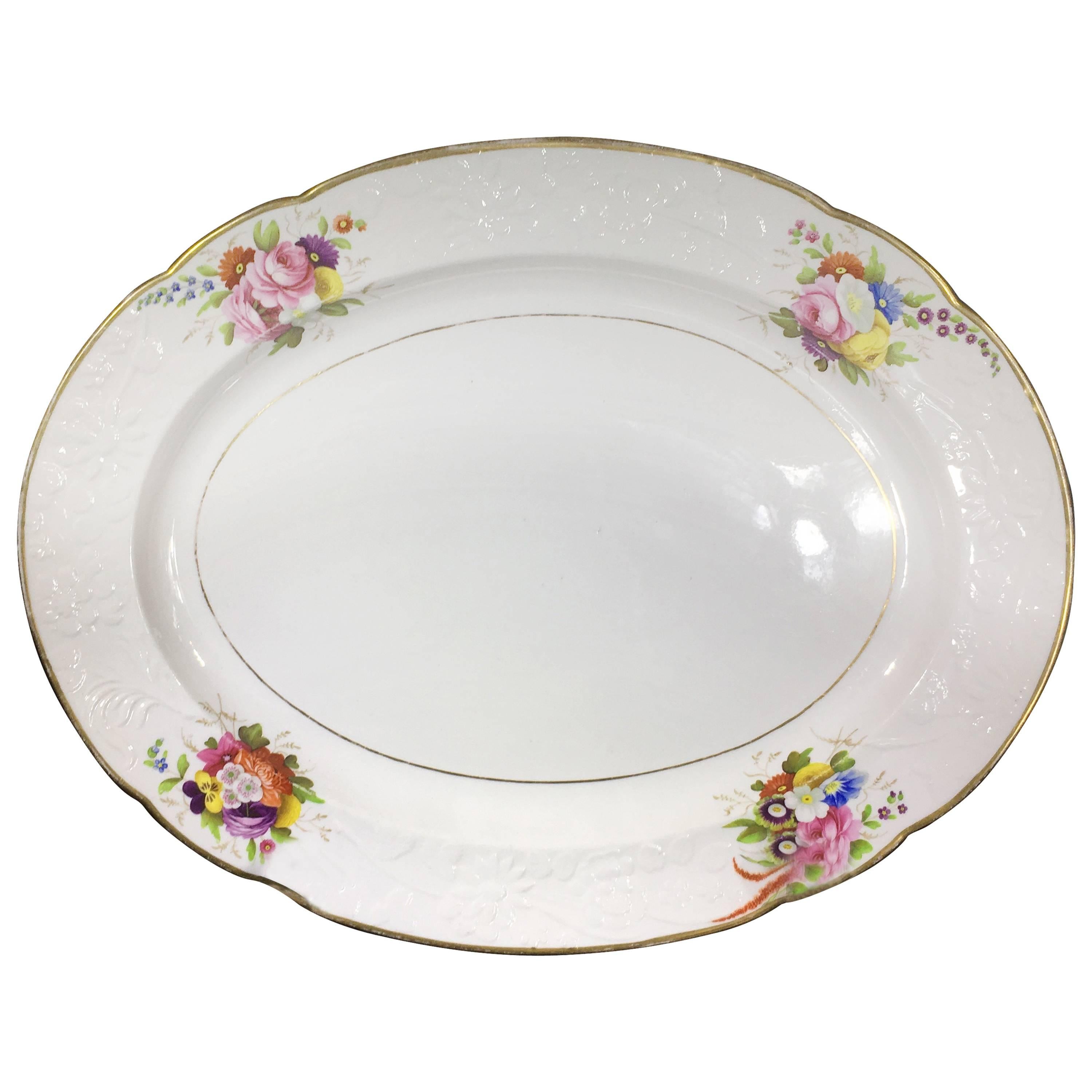 Large Spode Oval Platter, Moulded and Painted Flowers, Pat. 1943, circa 1815 For Sale