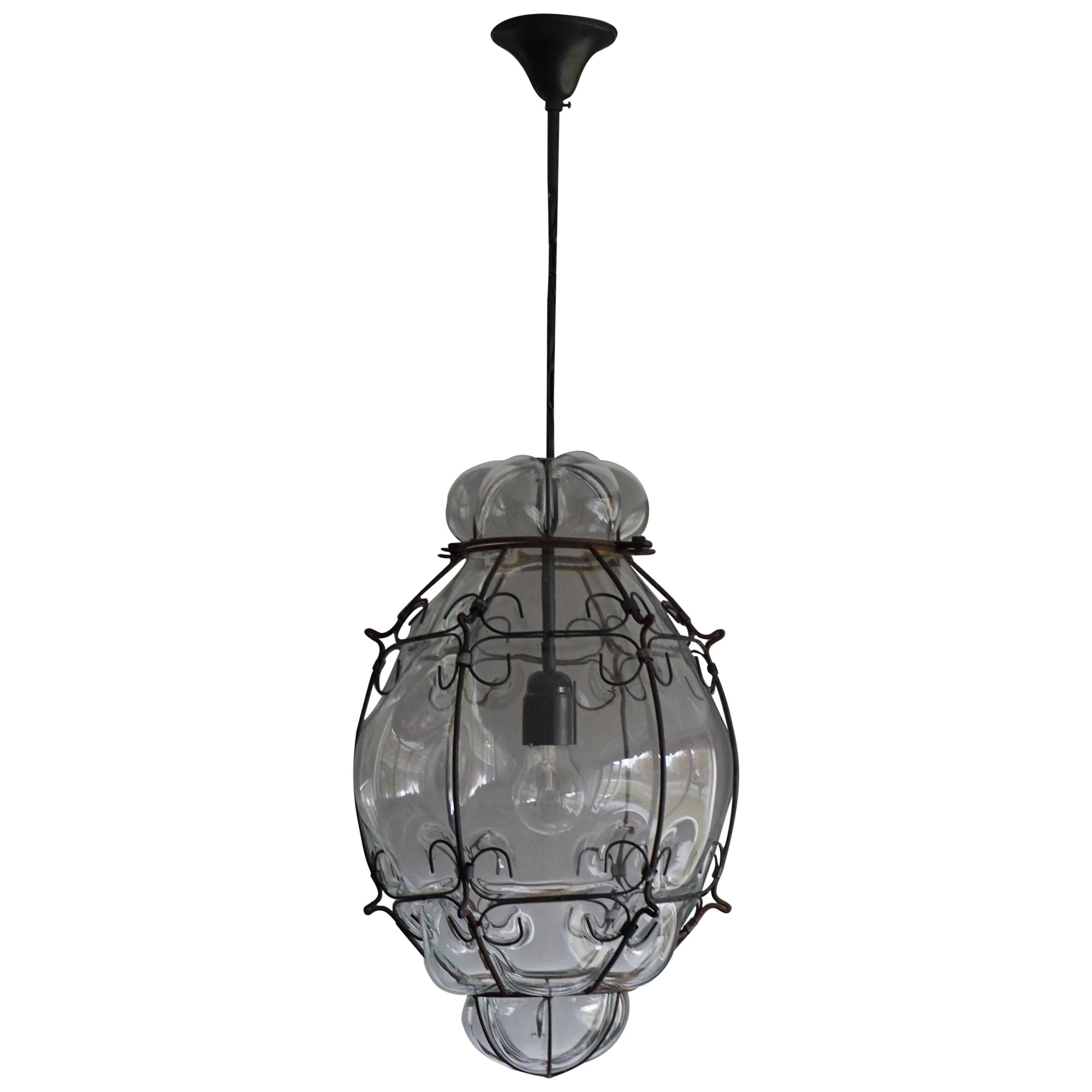 Stylish and Handcrafted Venetian Pendant Blown Glass in Metal Frame Ceiling Lamp For Sale