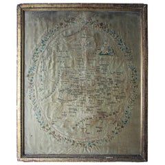 Antique Early 19th Century Embroidered Silkwork Map Picture of England, circa 1800-1820