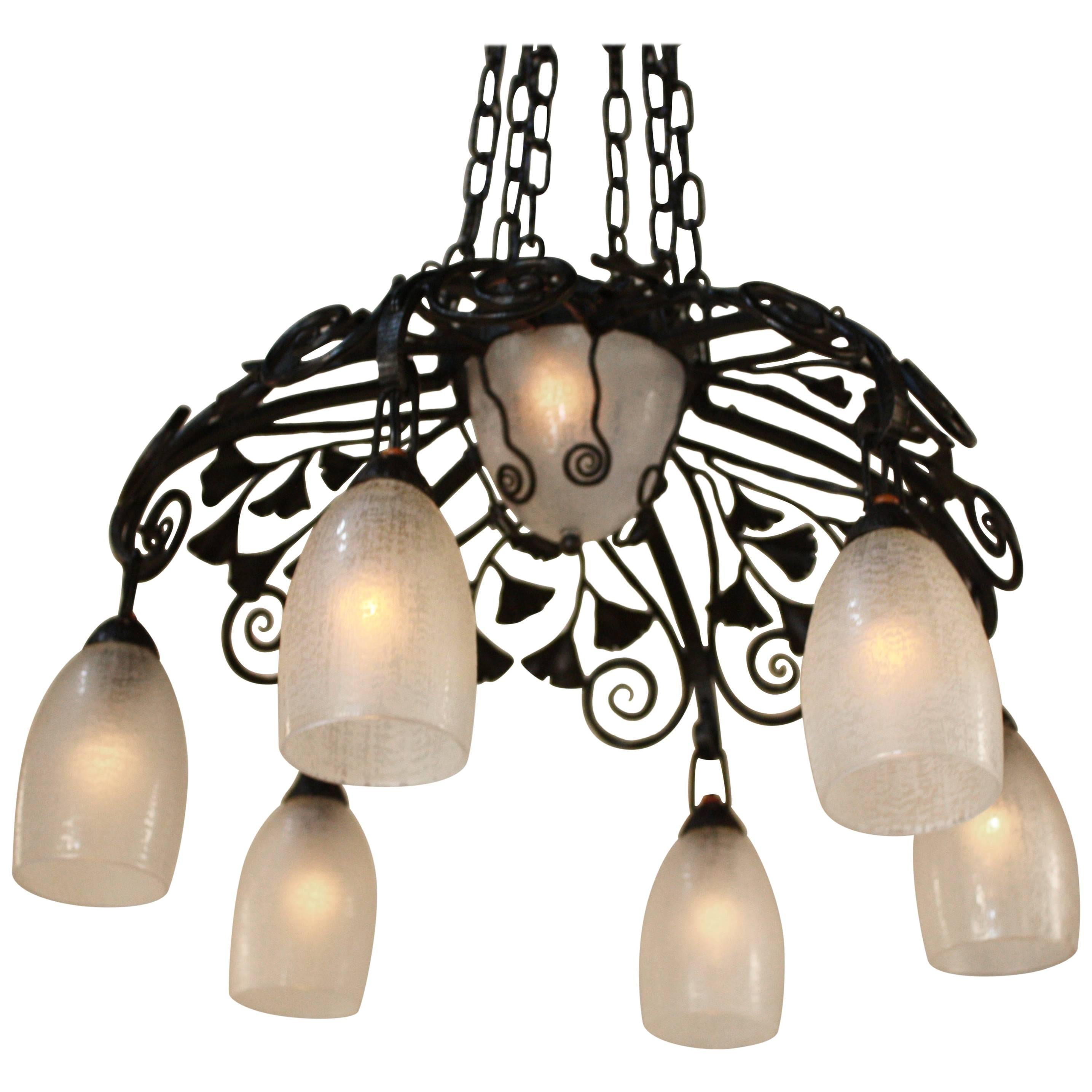 Daum Freres Glass and Iron Chandelier in Style of Edgar Brandt