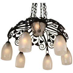 Daum Freres Glass and Iron Chandelier in Style of Edgar Brandt