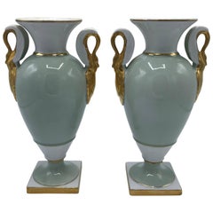 1920s French Art Nouveau Celadon Green and Gold Porcelain Urn Vases with, Pair