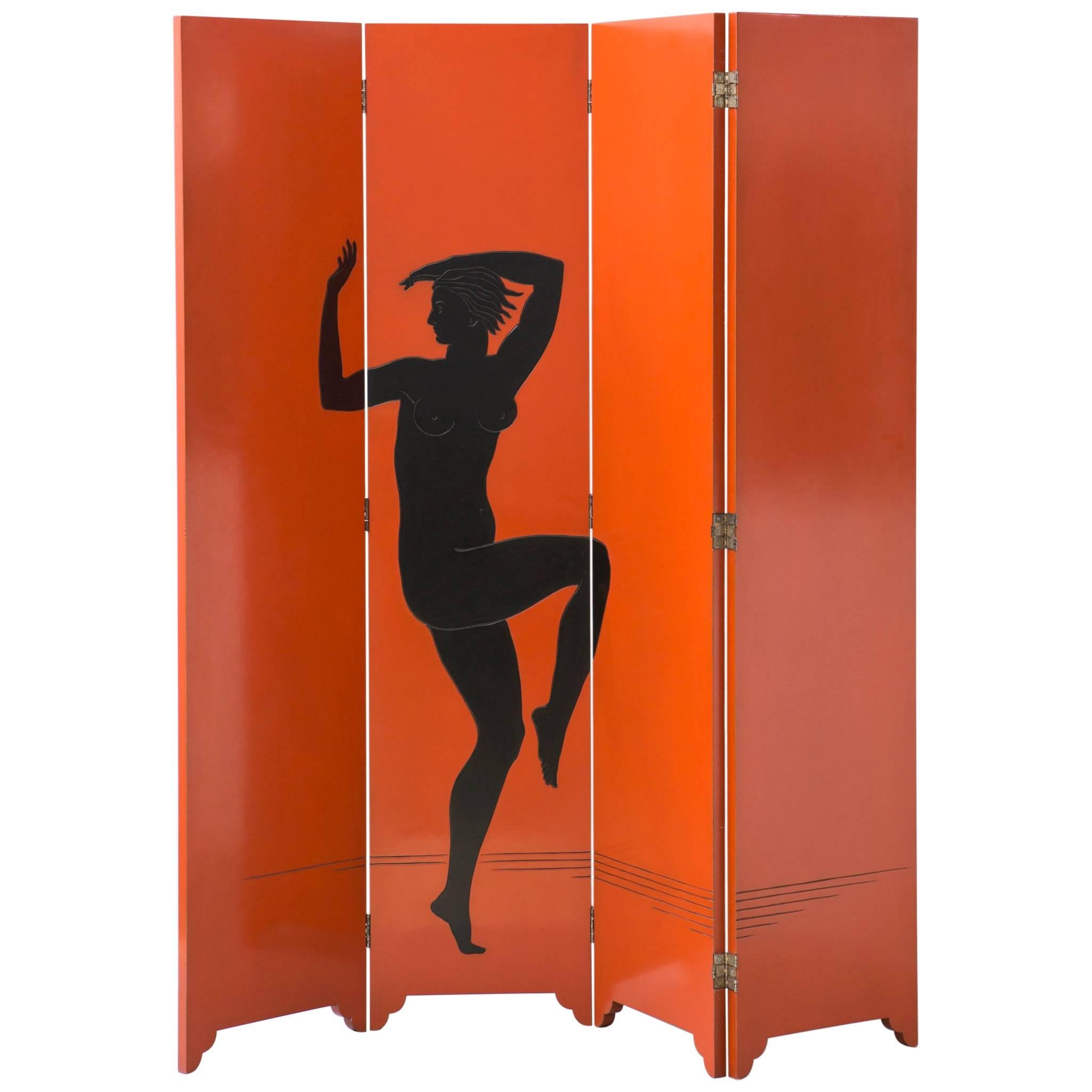 Lacquered Wood Screen - Black and Orange - Art Deco style (Customizable)
