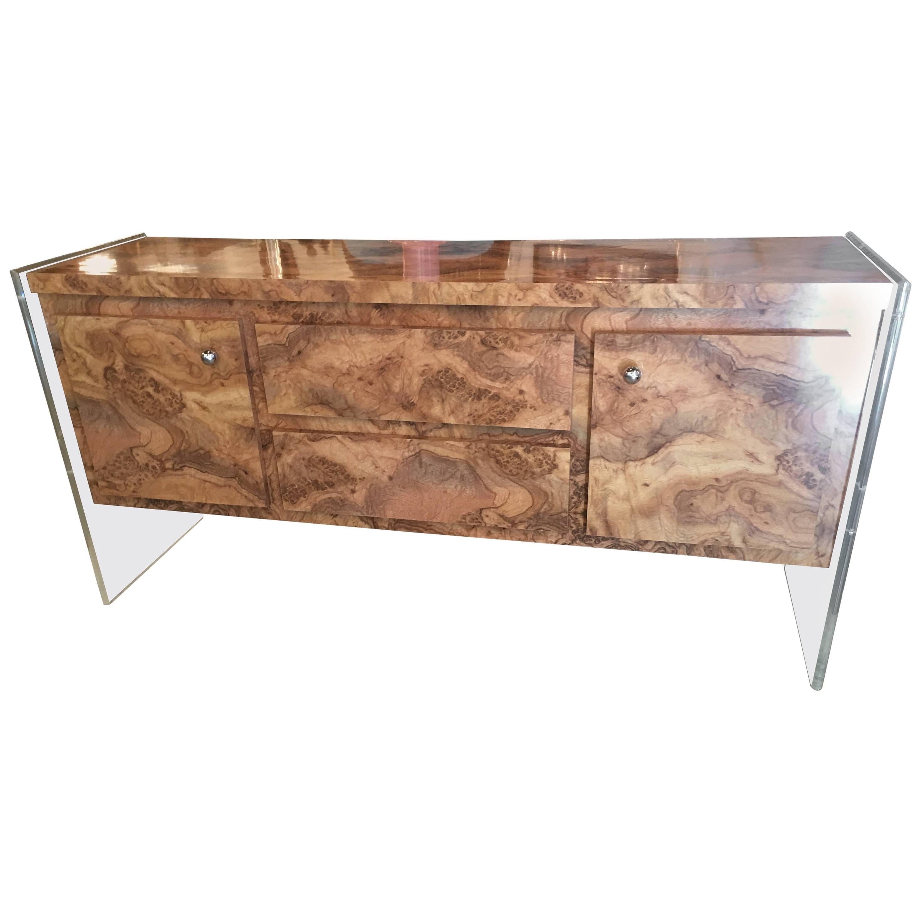 Faux Burl and Lucite Credenza Buffet Sideboard Dresser Chrome