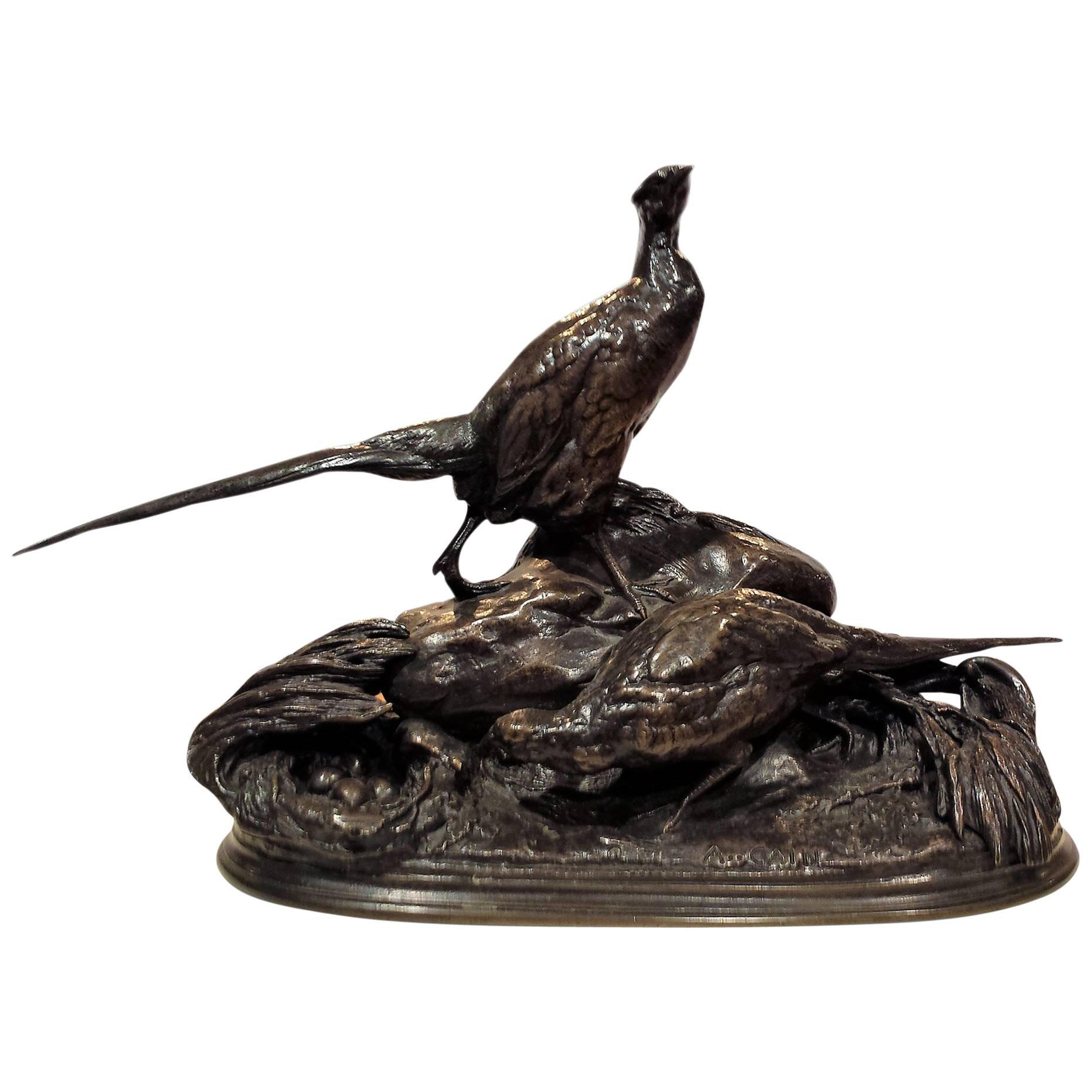 Nesting Pheasants, a Bronze Sculpture by Auguste Cain For Sale