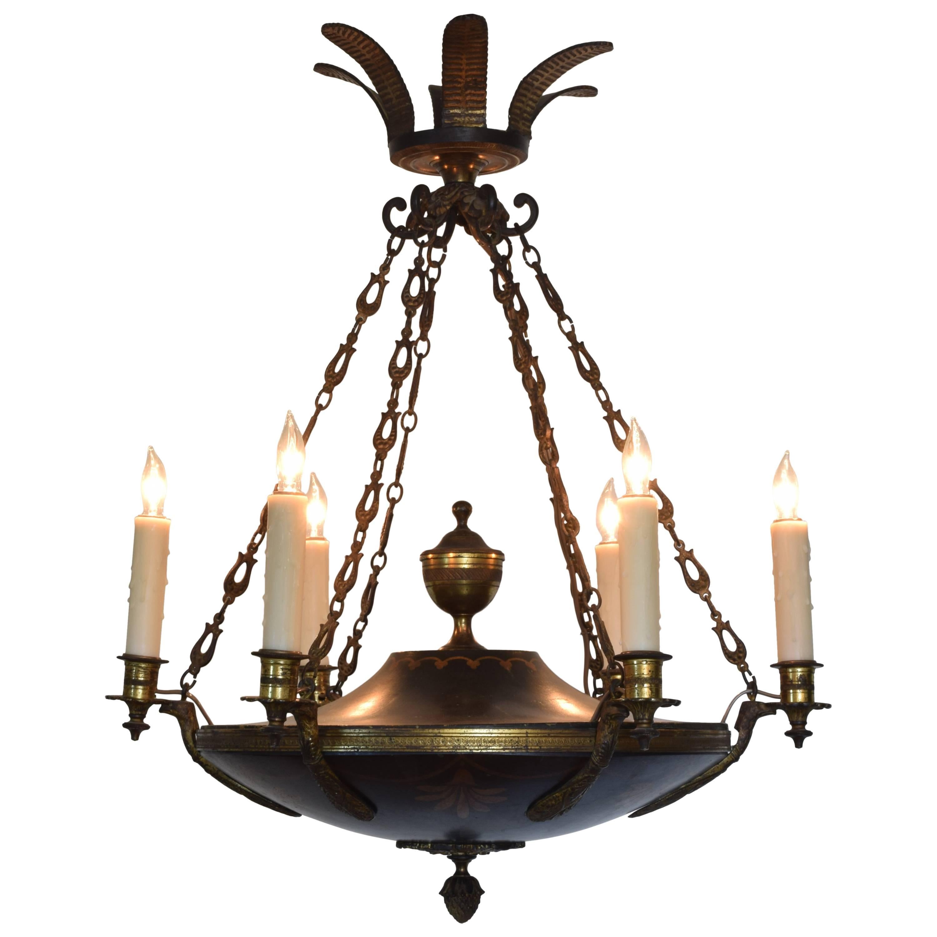 French Empire Style, Cast and Gilt Metal Six-Light Chandelier, Late 19th Century