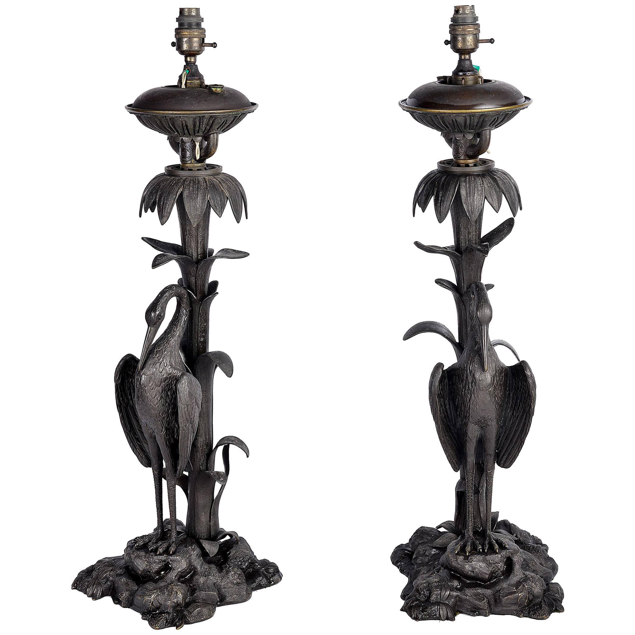 Pair of 19th Century Bronze Crane Lamps