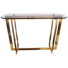 Vintage Mid-Century Modern Brass Bronze Transitional Smoke Glass Console Table