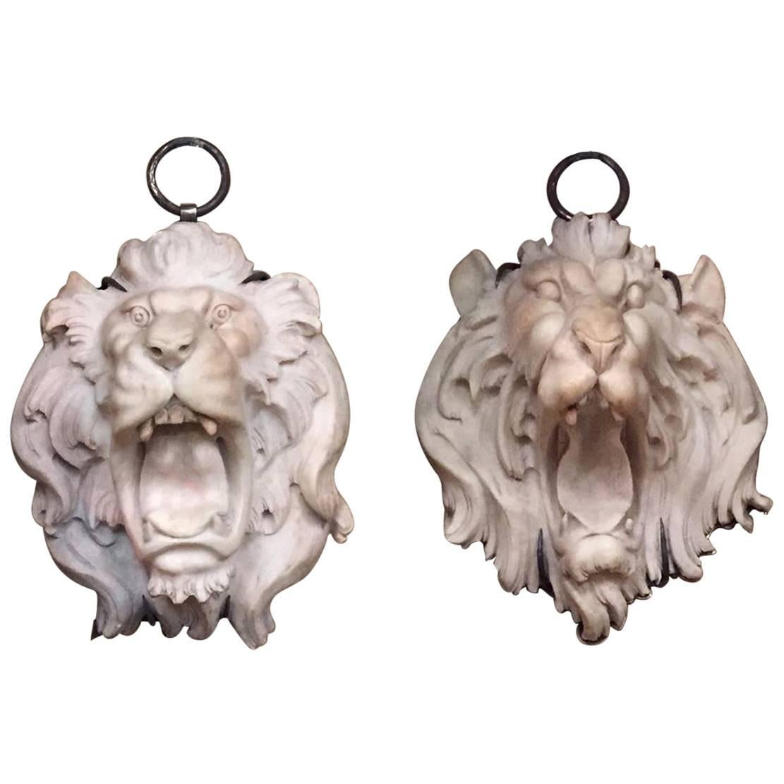 Pair of Italian Carved Marble Lion Heads