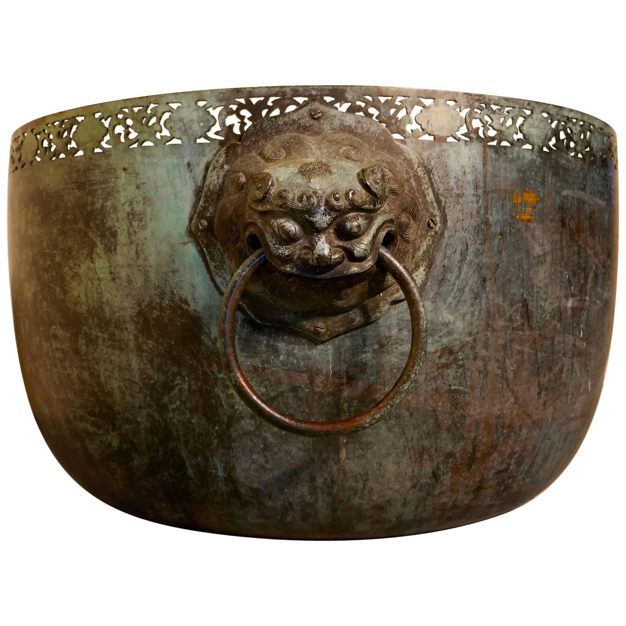 Large Bronze Temple Water Bowl with Lion Dog Mask Ring Handles, 1850