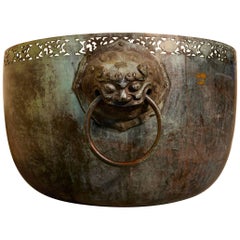 Antique Large Bronze Temple Water Bowl with Lion Dog Mask Ring Handles, 1850