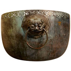 Large Bronze Temple Water Bowl with Lion Dog Mask Ring Handles, 1850