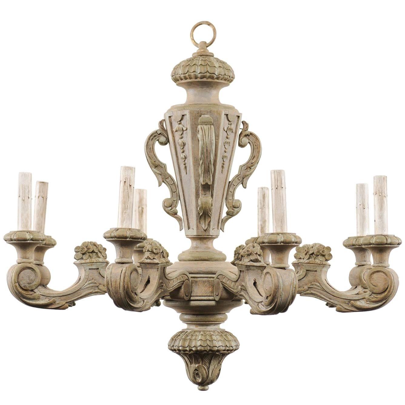French 20th Century Carved and Painted Wood Eight-Light Chandelier