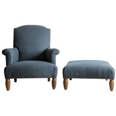 Pair of Antique Armchairs with Ottoman with Carved Wooden Legs