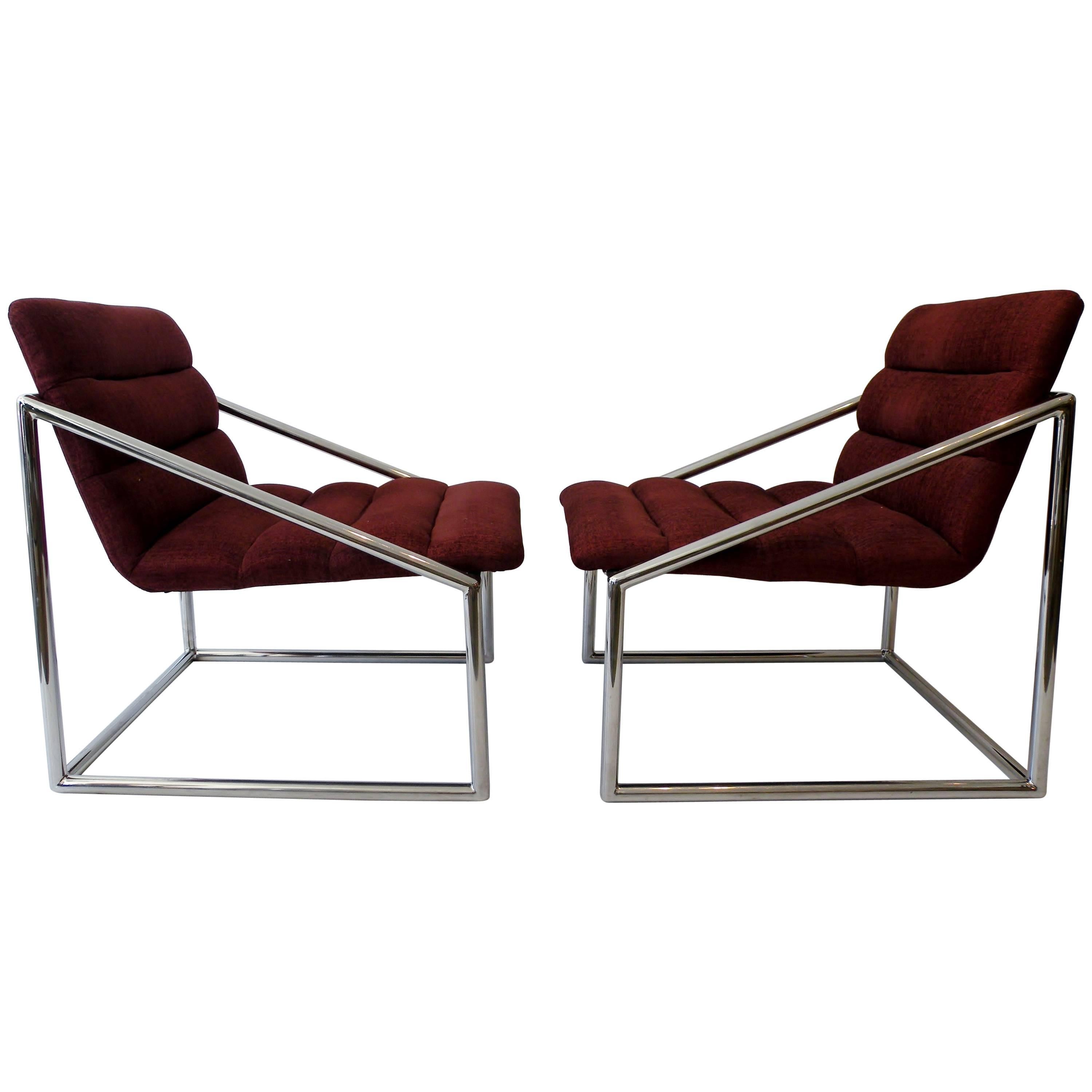 Mid-Century Modern Chrome Cube Sling Club Lounge Chairs, circa 1970s For Sale