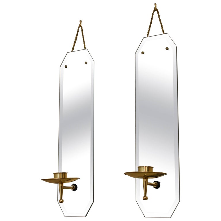 Pair of Modern Brass and Beveled Mirror Wall Sconces Candleholders at