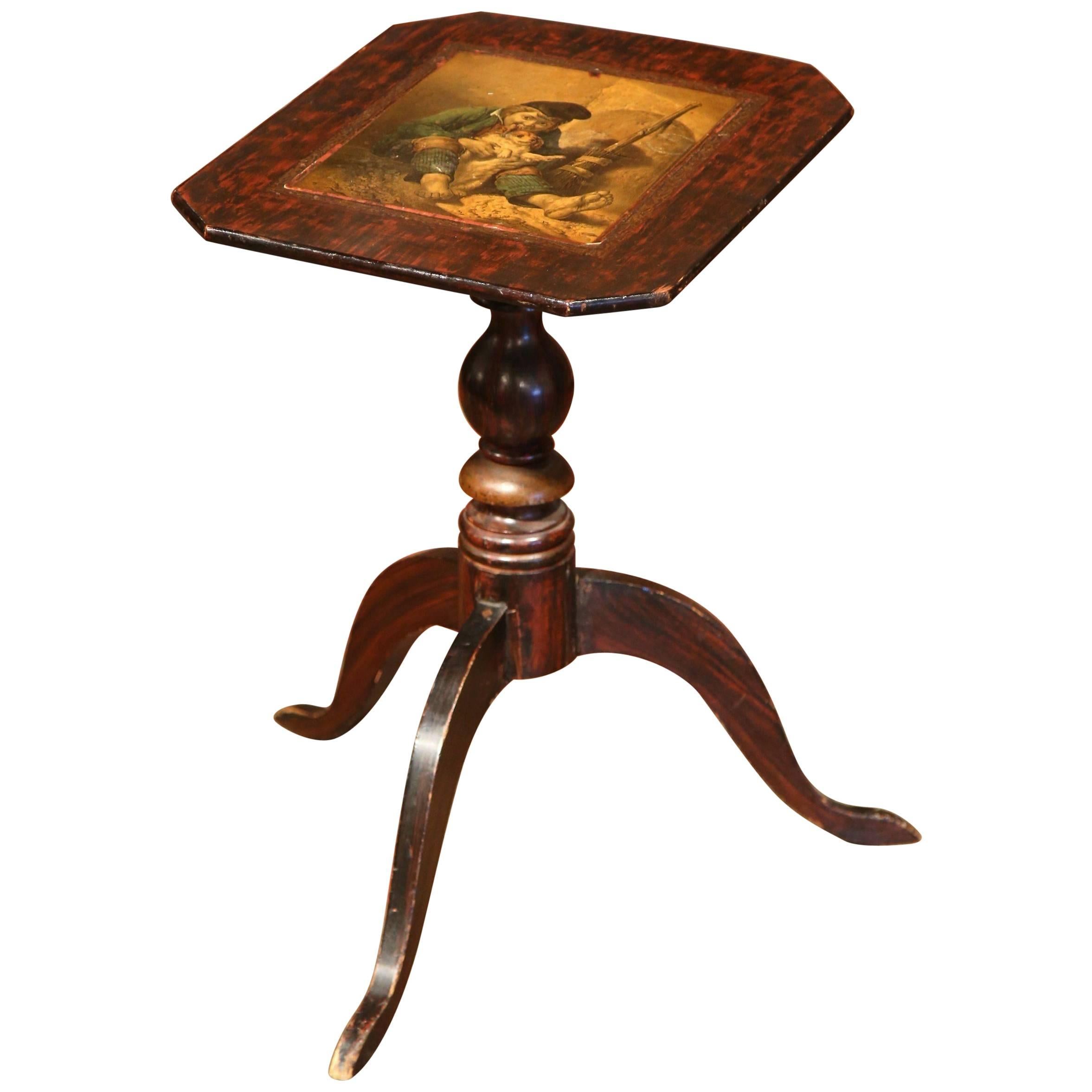 19th Century English Carved Mahogany Tea Table with Painted Scene on the Top