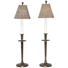 Pair of Maitland-Smith Buffet Lamps with Verdigris Copper Finish & Copper Shades