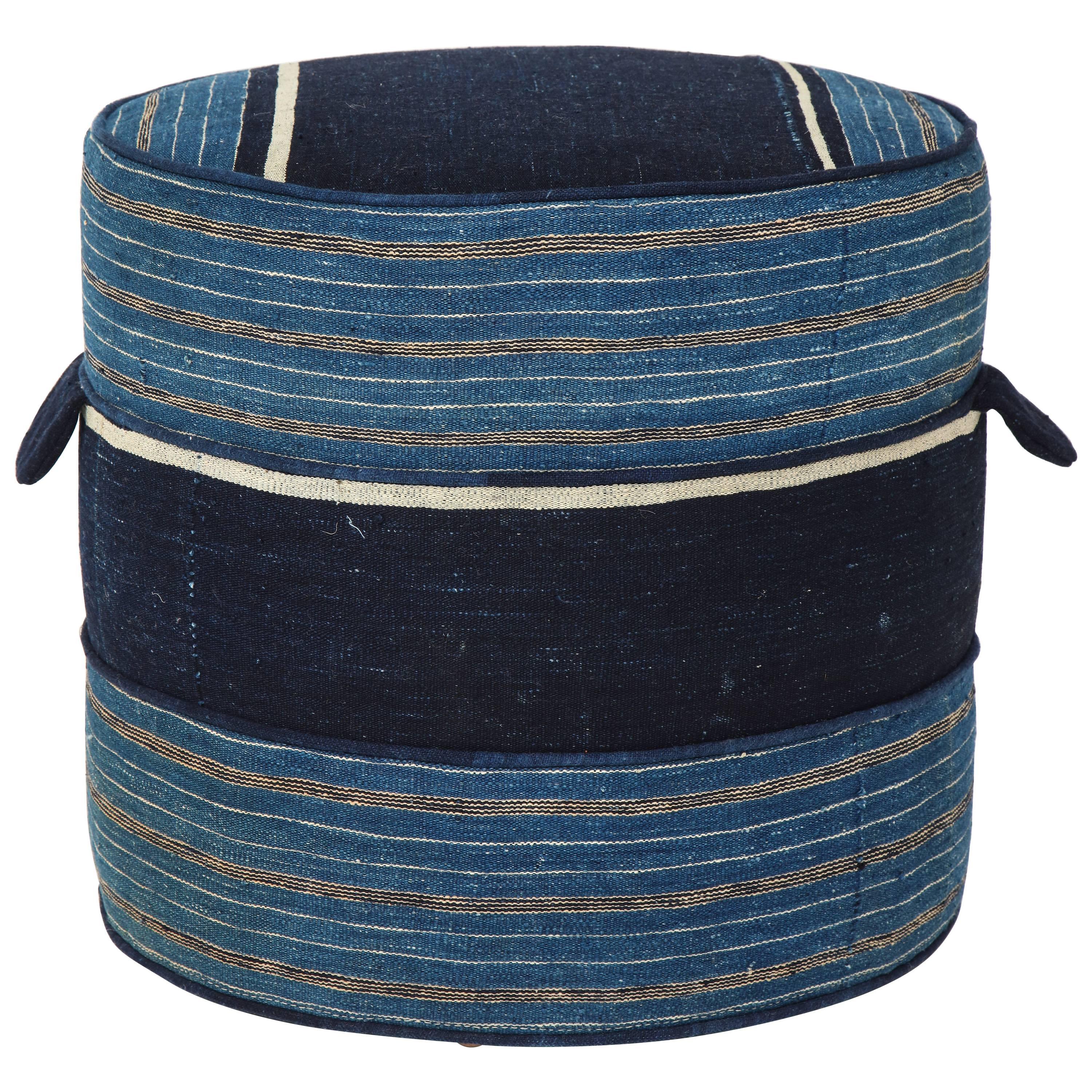 NK Collection Small Round Hassock Upholstered in Indigo African Fabric