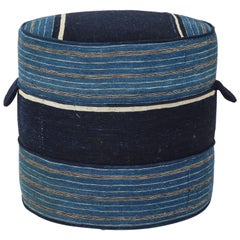 NK Collection Small Round Hassock Upholstered in Indigo African Fabric