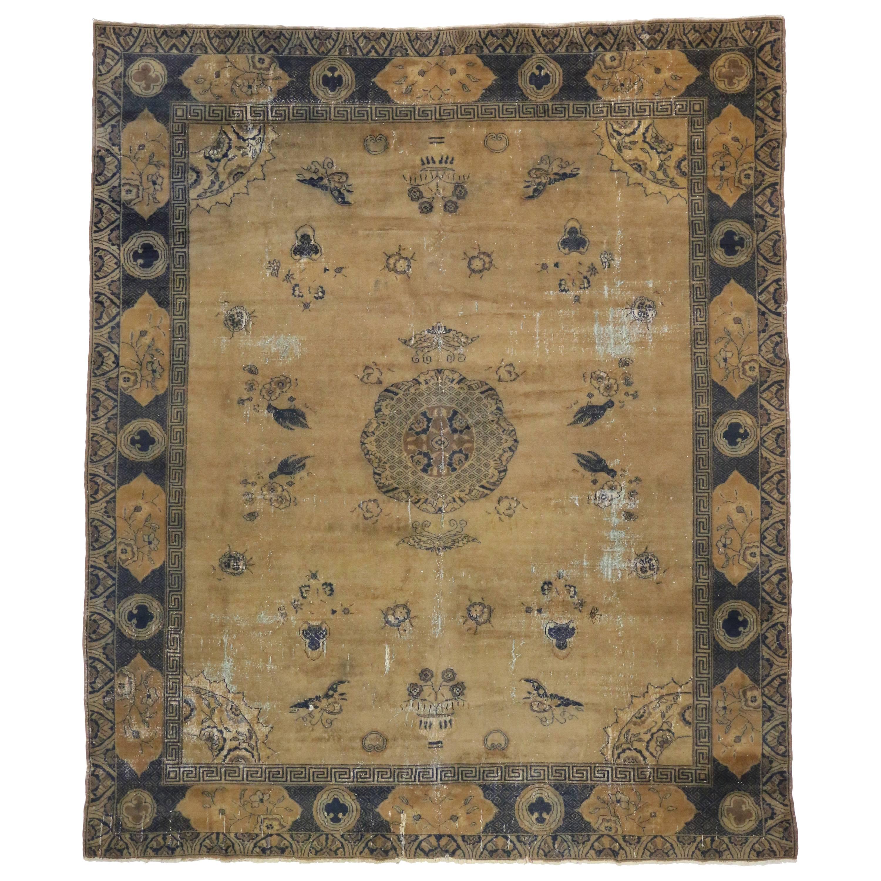 Distressed Antique Turkish Sparta Rug with Chinoiserie Style, Blue and Gold For Sale