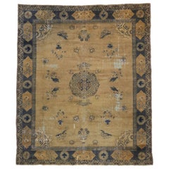 Alfombra Turca Esparta Antigua Desgastada de Estilo Chinoiserie, Azul y Dorada