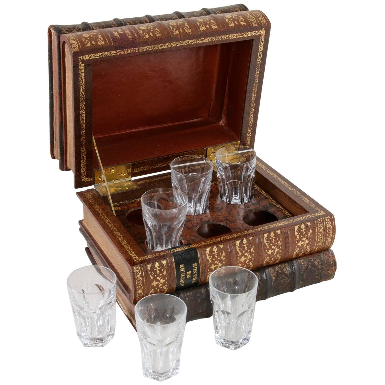 Early 20th Century Liqueur Box Made from Books with Six Baccarat Crystal Glasses