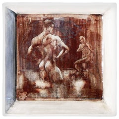 "Nude Bathers, Laguna Beach, " Midcentury Dish with Male Nudes, Ruddy Brown Glaze