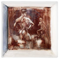 "Nude Bathers, Laguna Beach, " Midcentury Dish with Male Nudes, Ruddy Brown Glaze