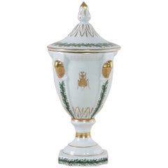 19th Century French Hand-Painted Porcelain Urn with Lid and Napoleonic Bee Motif