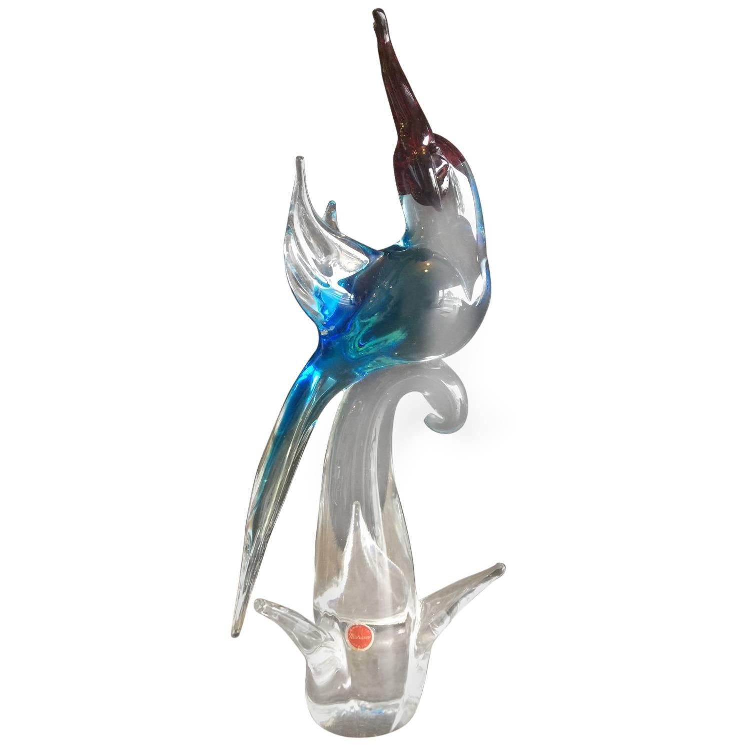Stylish Cockatoo or Bird Art Glass Sculpture by Murano Glass, circa 1960s For Sale