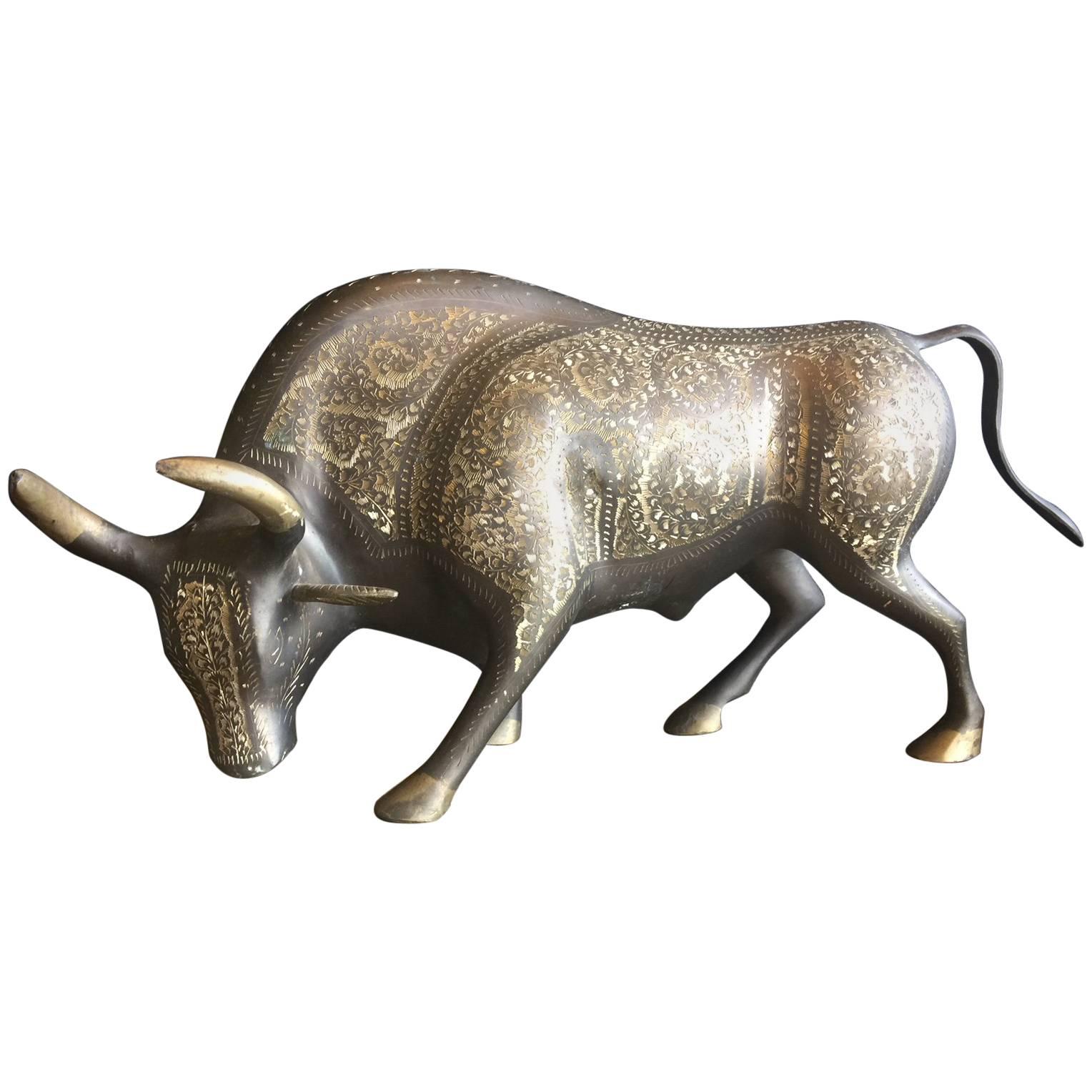 Large Midcentury Brass Bull Sculpture