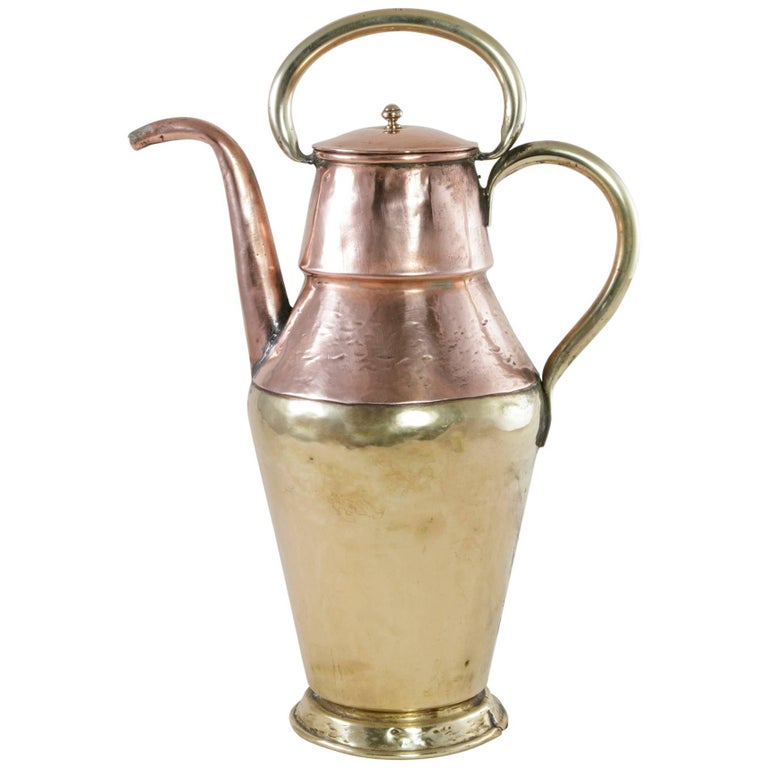 Early 19th Century HandHammered French Copper and Brass Teapot with Lid For Sale at 1stdibs