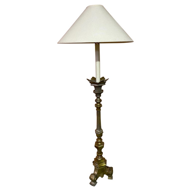 Antique Brass Renaissance Style Candlestick Floor Lamp For Sale