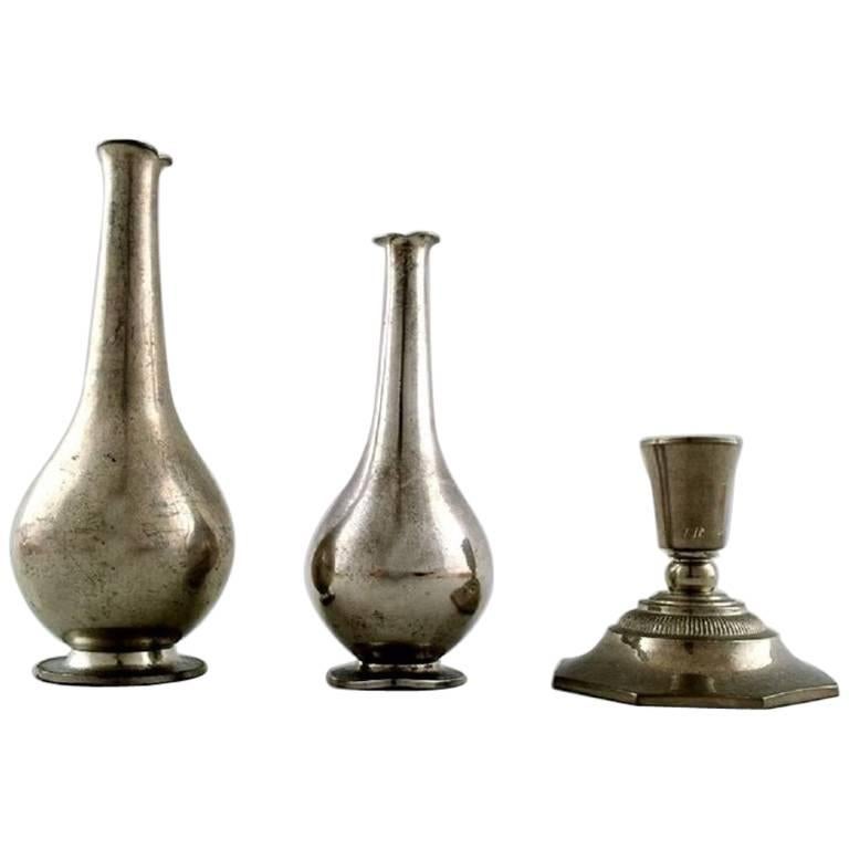 Just Andersen Art Deco, a Pair of Vases and a Candlestick in Pewter, Number 1457