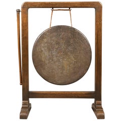 Antique Large Victorian Dinner Gong with Beater in English Oak Frame, circa 1870