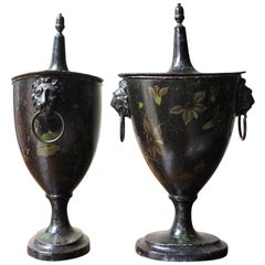 Antique Pair of Regency Black Japanned & Hand-Painted Pontypool Toleware Chestnut Urns