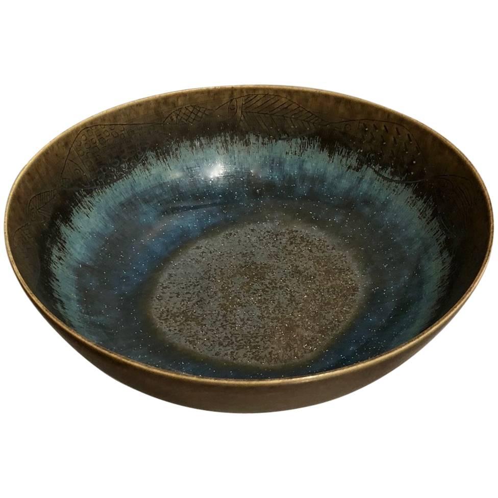 Unique Stoneware Bowl with Engraved Fishes by Stig Lindberg for Gustavsberg